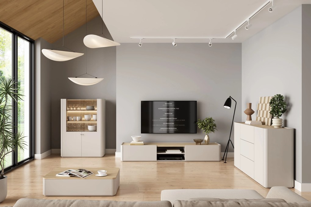 TV stolík Elivo 220 cm so zásuvkou - kašmír / olejovaný dub