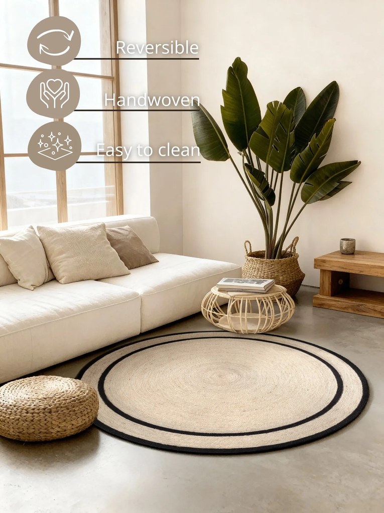 Hanse Home, Kusový koberec Jute Braided 106331 Natural Black kruh, 150x150 (priemer) kruh, čiernobiela, chodba / predsieň