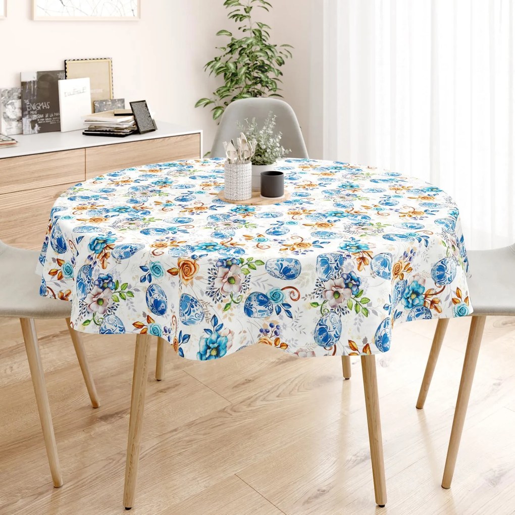 Goldea veľkonočný okrúhly obrus loneta - maľované modré kraslice Ø 80 cm