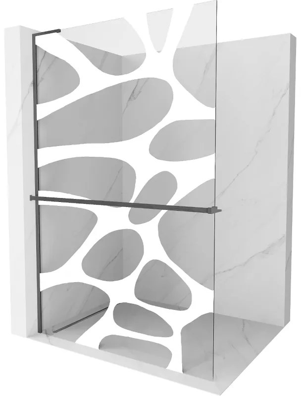 Mexen Kioto+ L, sprchová zástena Walk-In s poličkou a vešiakom 100 x 200 cm, 8mm číre sklo biely vzor, grafitový profil, 800-100-123-66-97
