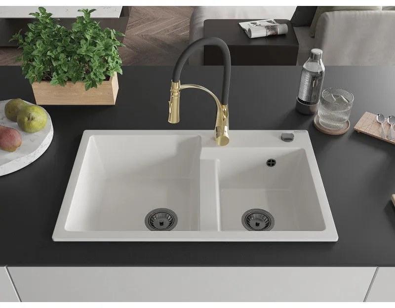 Mexen Tomas, 2-komorový granitový drez 800x500x190 mm a drezová batéria Aster, biela, 6516-20-73450-57-B