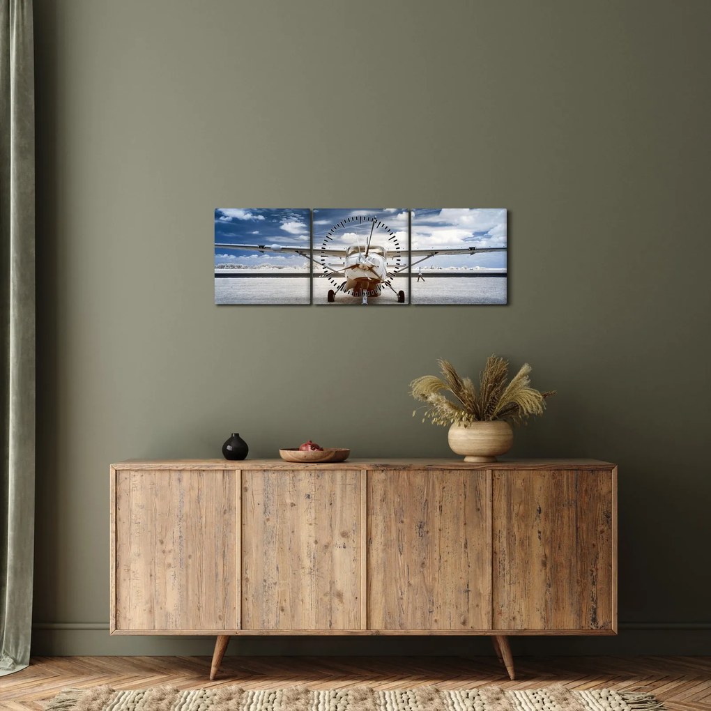 Obraz motorového lietadla (s hodinami) (90x30 cm)