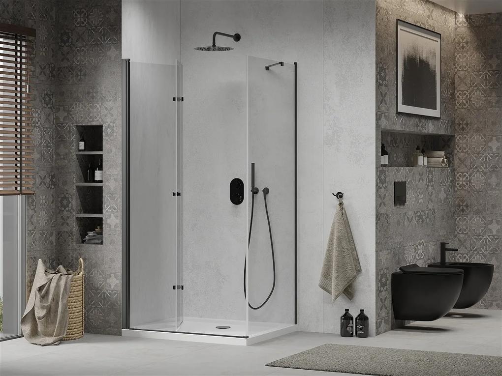 Mexen Lima, sprchovací kút so skladacími dverami 80 (dvere) x 70 (stena) cm, 6mm číre sklo, čierny profil + slim sprchová vanička biela s čiernym sifónom, 856-080-070-70-00-4010B
