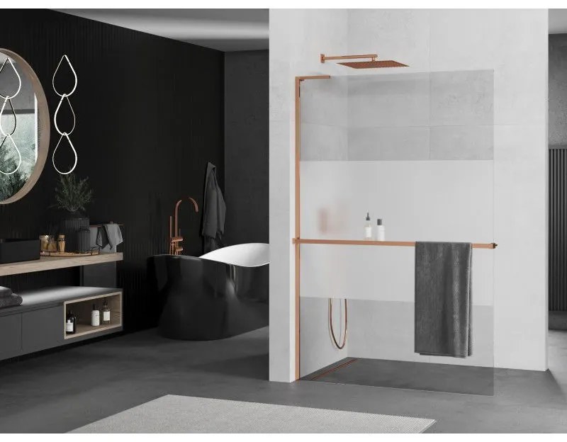 Mexen Kioto+ L, sprchová zástena Walk-In s poličkou a vešiakom 110 x 200 cm, 8mm číre sklo-námraza, ružové zlato profil, 800-110-123-60-35