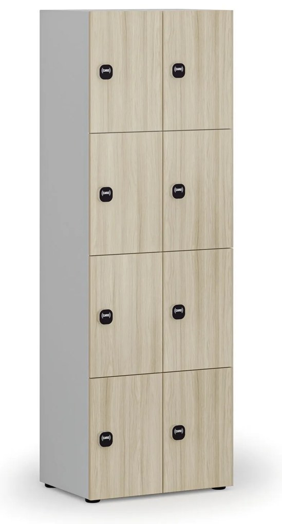Drevená šatníková skrinka S4 s úložnými boxmi, 8 boxov, demont, RFID zámok, sivá/dub prírodný