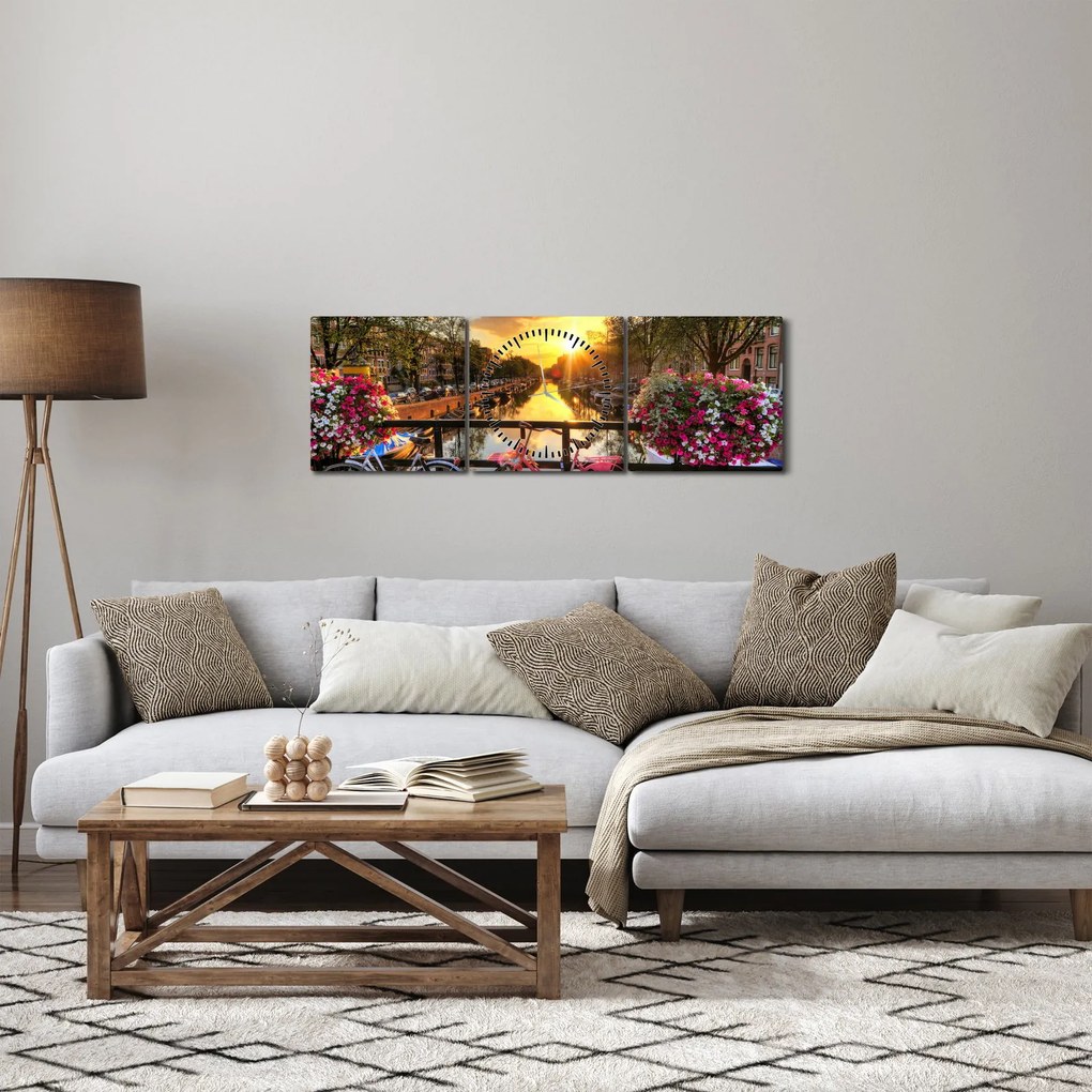 Obraz - Východ slnka v Amsterdame (s hodinami) (90x30 cm)