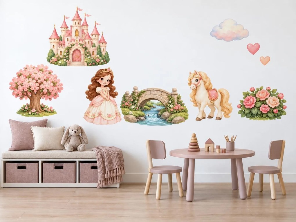 Jarná princezná s poníkom romantické akvarelové nálepky na stenu pre malé princezné arch 75 x 55 cm