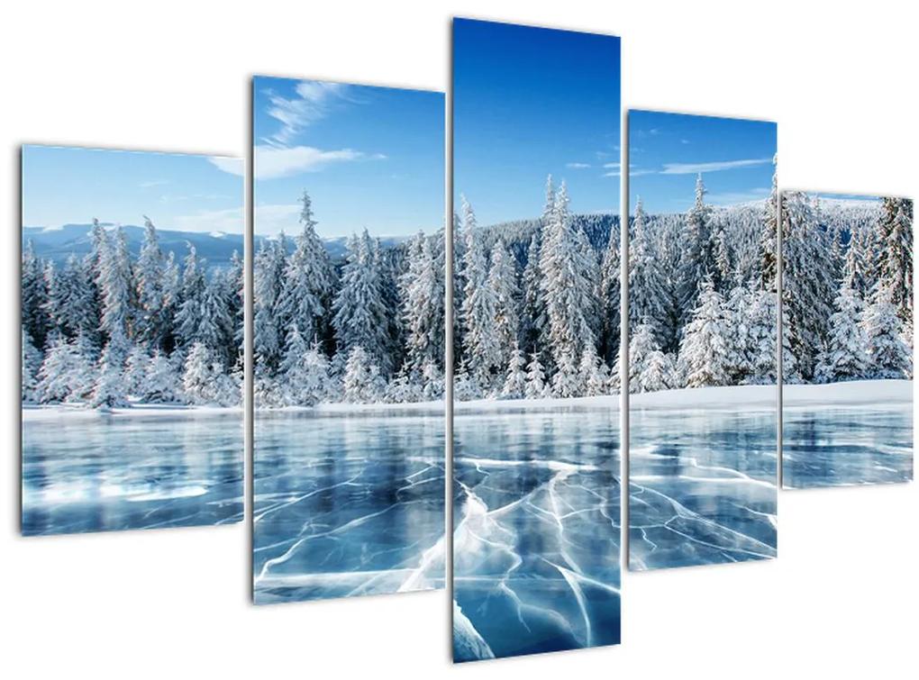 Obraz zamrznutého jazera a zasnežených stromov (150x105 cm)