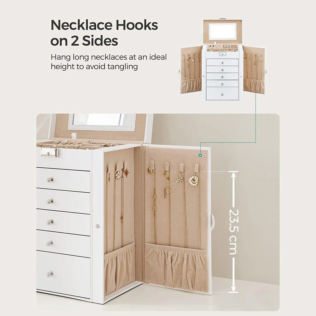 Šperkovnica 6-poschodová so zásuvkami, zrkadlom, uzamykateľná, biela krémová