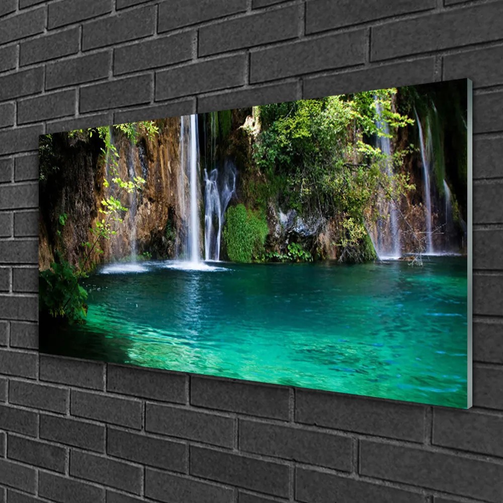 Obraz na skle Jazero vodopád príroda 125x50 cm
