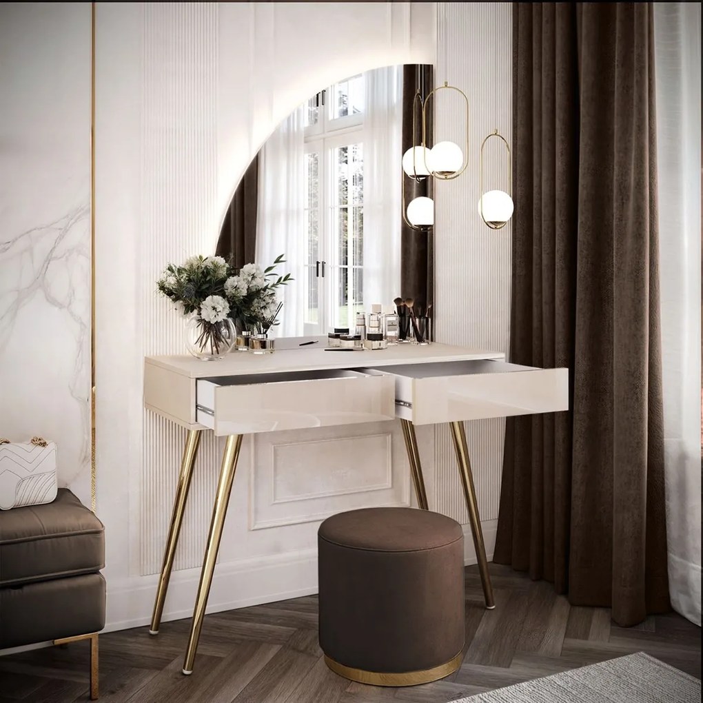 TOALETNÝ STOLÍK KATHLEEN KAŠMÍR LESK + ZLATÉ NOHY + ZRKADLO POLMESIAC ĽAVÉ