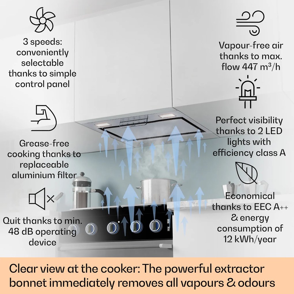 Klarstein Camila, vstavaný digestor, 52 cm, 397 m³/h, LED, dotyková plocha, nehrdzavejúca oceľ