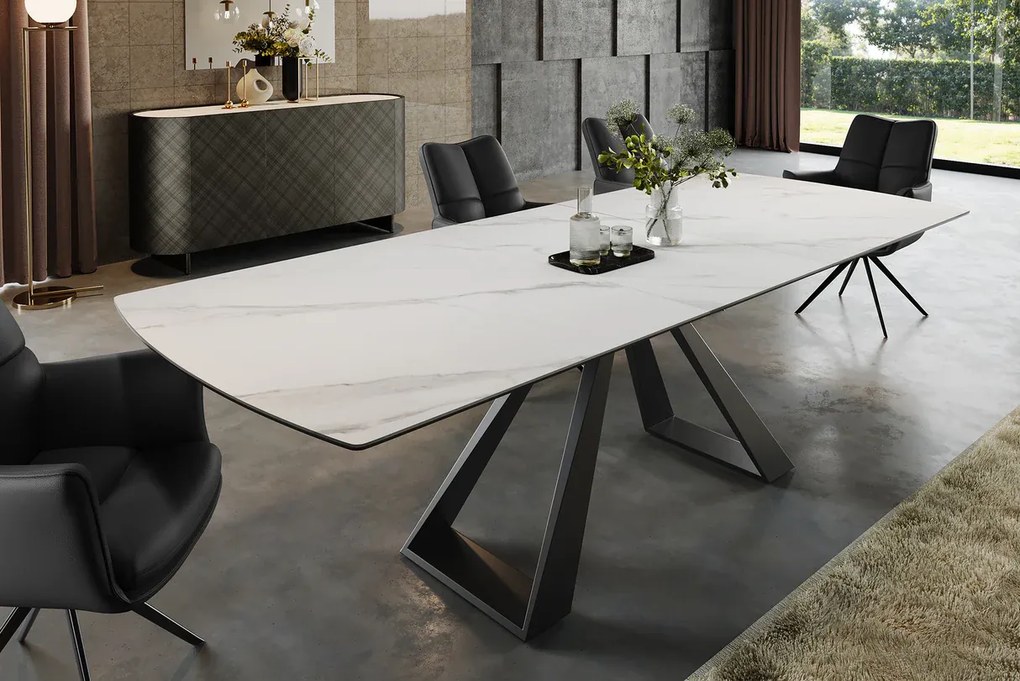 Jedálenský stôl CONCORD 180-230 cm rozkladací mramorový vzhľad biely keramický tvrdené sklo