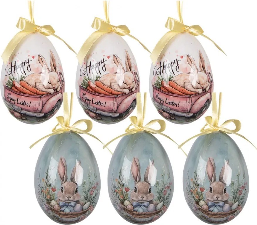 6 ks dekorácie bielo-modré závesné vajíčko s zajačikmi Spring Egg - Ø 7*10 cm