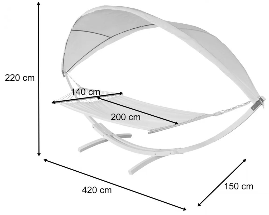 Hojdacia sieť HWC-J47 so strieškou pre 2 osoby, drevo, 420cm - biela, sivá
