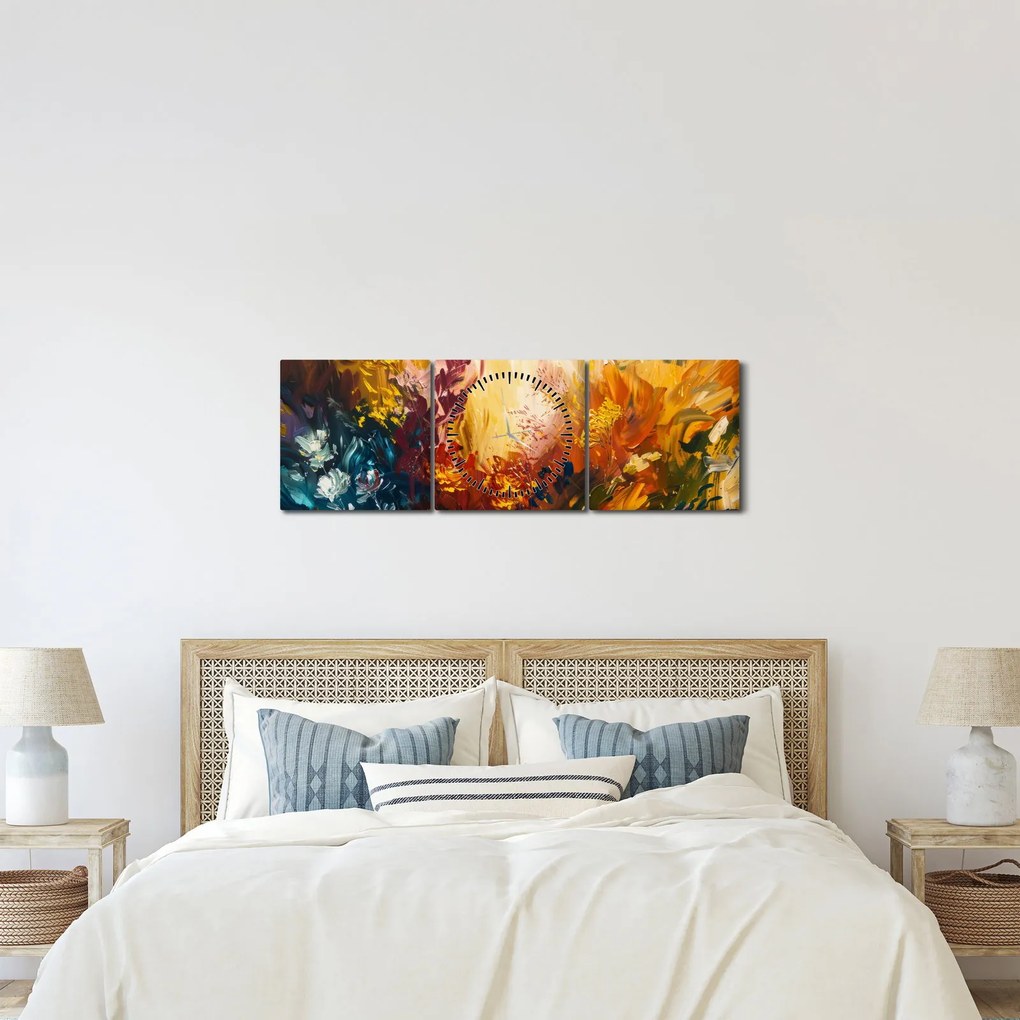 Obraz - Abstraktná maľba kvetov (s hodinami) (90x30 cm)