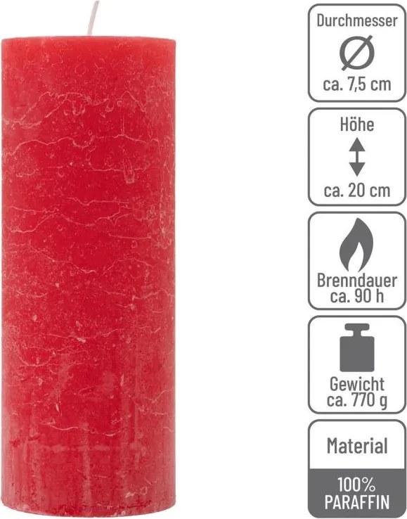 Červená parafínová sviečka rustikálna 20 cm, 90 h, súprava 6