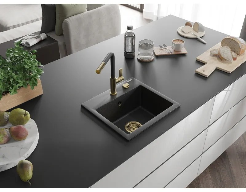 Mexen Milo, 1-komorový granitový drez 435x410x171 mm a drezová batéria Flora, čierna-strieborná metalíza, 6505-73-670401-57-G