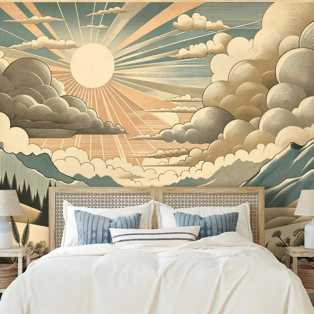 Samolepiaca tapeta retro krajina s horami a slnkom
