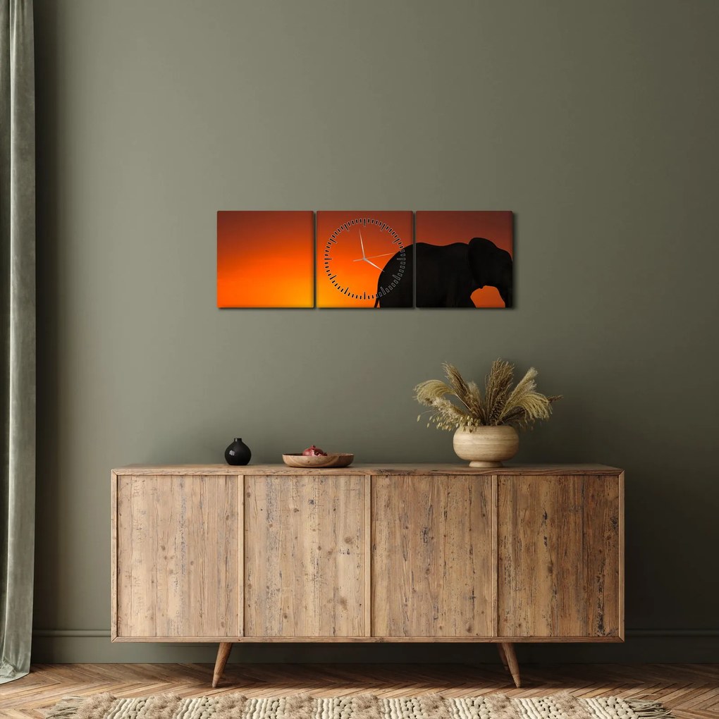 Obraz slona pri západe slnka (s hodinami) (90x30 cm)