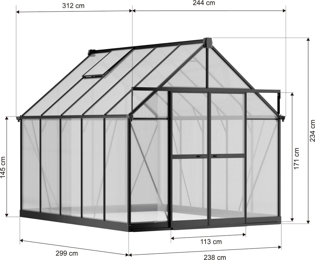 Skleník 234 x 244 x 312 cm, zosilnená konštrukcia, polykarbonát 6 mm