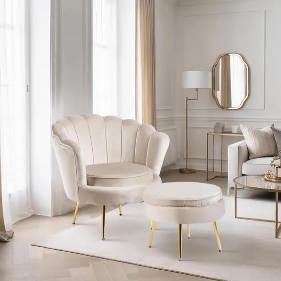 Kreslo LOREN s podnožkou, krémové, z velúru