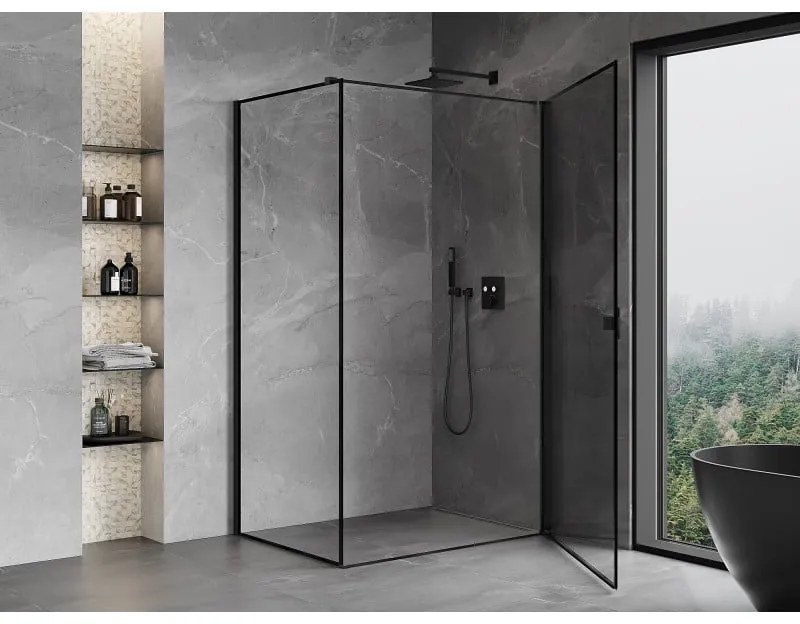 Mexen Mist-B, 1-krídlový výklopný sprchový kút, pravý, 100 x 75 cm, číre sklo-čierny rám, 8A2T-100-075-70-70-P