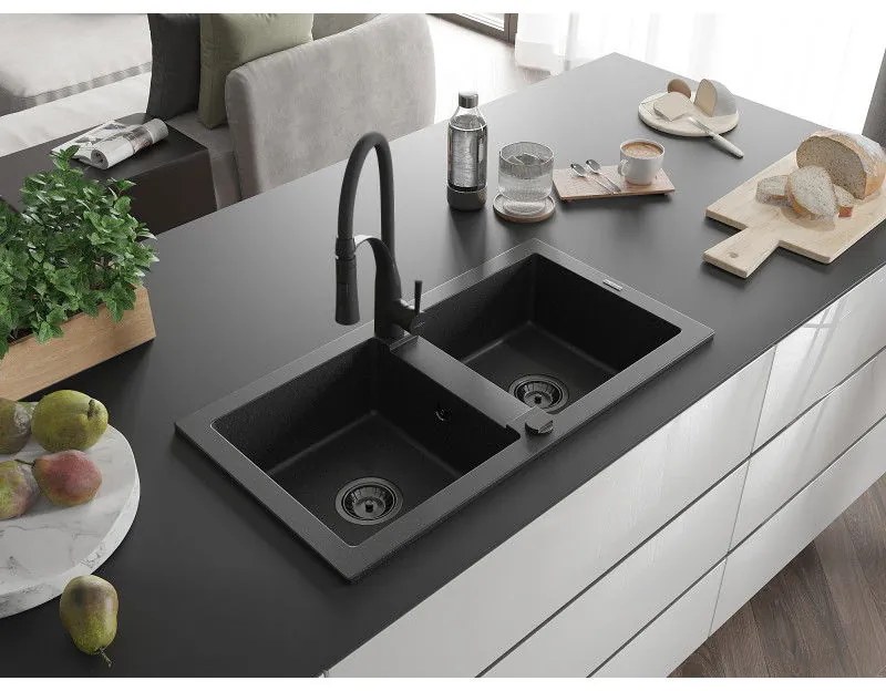 Mexen Mario, granitový drez 820x436x161 mm, 2-komorový a drezová batéria Aster, čierna-strieborná metalíza, 6504-73-73450-70-B