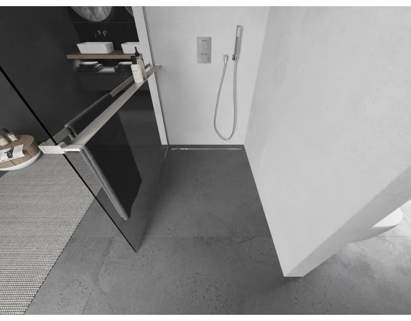 Mexen Kioto+, sprchová zástena Walk-In s poličkou a vešiakom 105 x 200 cm, 8mm číre sklo, brúsená oceľ profil, 800-105-121-97-00