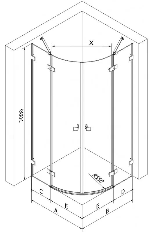 Mexen Lunar, výklopný polkruhový sprchový kút 100 x 100 cm, 8mm číre sklo, zlatý matný profil, 833-100L-100P-55-00