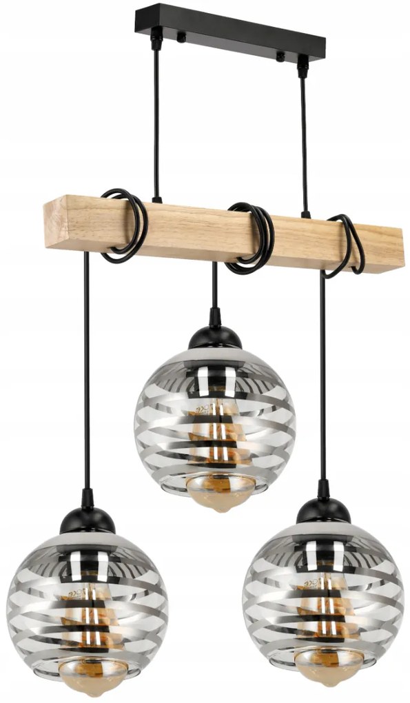 BERGE Závesné stropné svietidlo LED drevený trám 3xE27 loft sklenená guľa