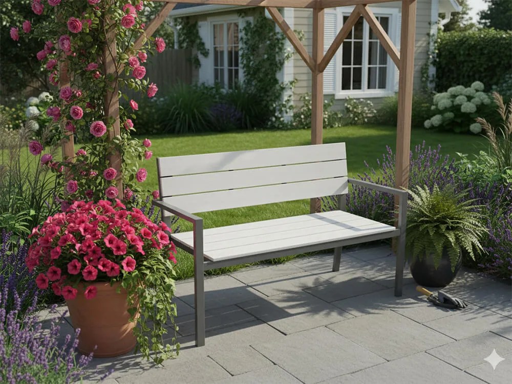 CH Sivá záhradná oceľová lavička Ken