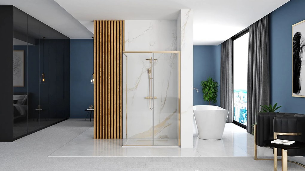 Rea Solar Gold Elegant, sprchový kút s posuvnými dverami 100 (dvere) x 80 (stena) x 195 cm, 6 mm číre sklo, zlatý profil + čierny sprchová vanička Savoy, KPL-K4902