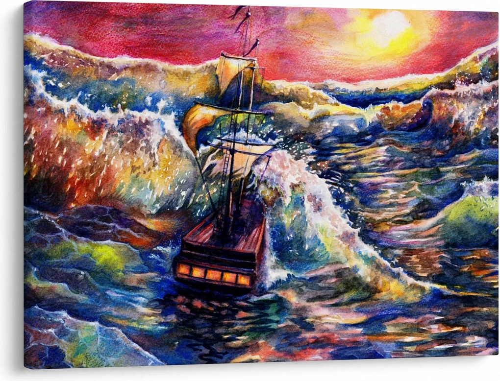 Obraz - Loď na oceánskych vlnách, aquarel (70x50 cm)