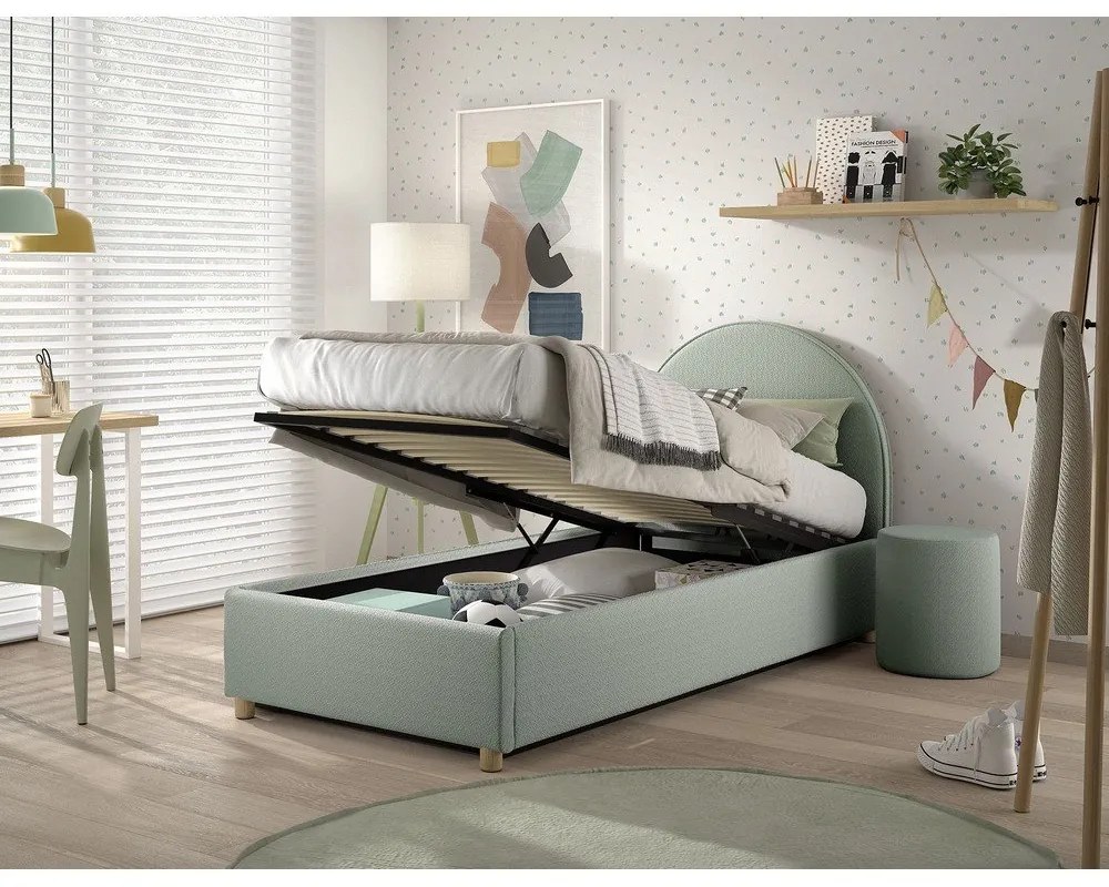 Zelená čalúnená jednolôžková posteľ s úložným priestorom s roštom 90x200 cm Moon – Vipack