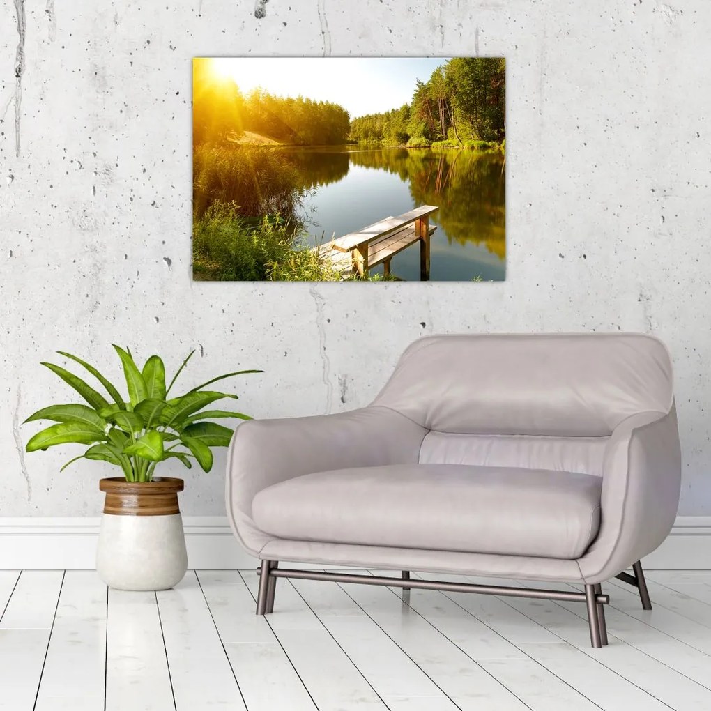 Sklenený obraz - Jazero pri lese (70x50 cm)