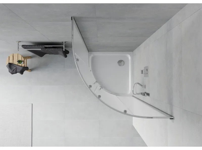 Mexen Rio, štvrťkruhový sprchovací kút s posuvnými dverami 90 x 90 cm, 6mm sklo námraza, chrómový profil + biela sprchová vanička, 863-090-090-01-30-4110