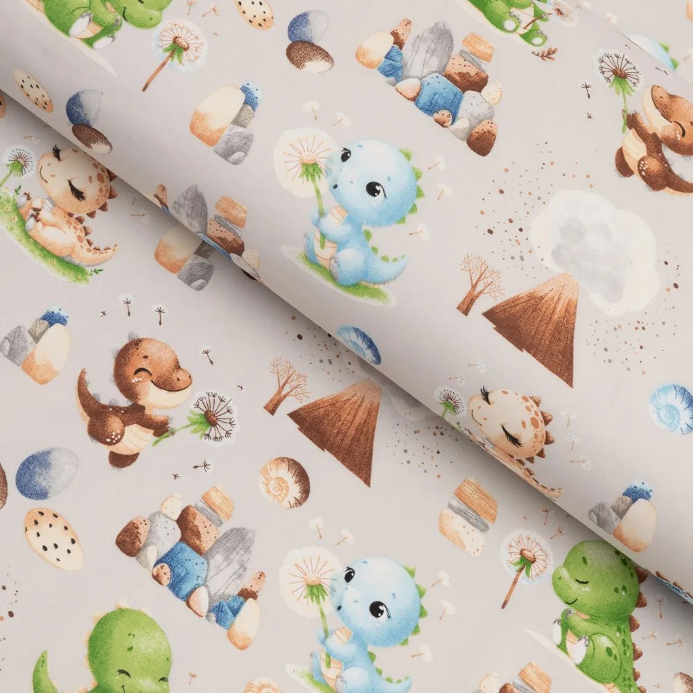 Detská bavlnená látka/plátno Sandra SA-656 Modro-zeleno-hnedé dinosaury na svetlo sivom - šírka 160 cm