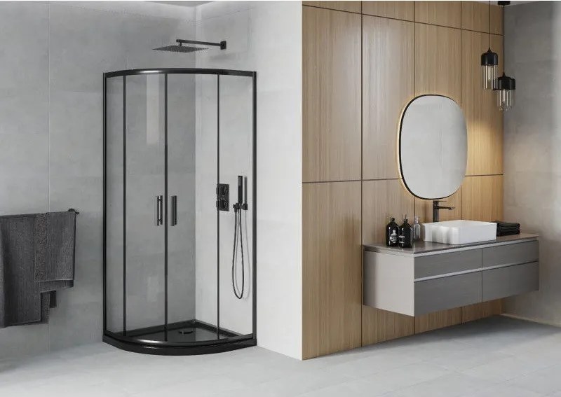 Mexen Rio, štvrťkruhový sprchový kút 90 x 90 cm, 6mm číre sklo, čierny profil + čierna sprchová vanička, 863-090-090-70-00-4170B