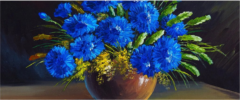 Obraz modrých kvetov vo váze (120x50 cm)