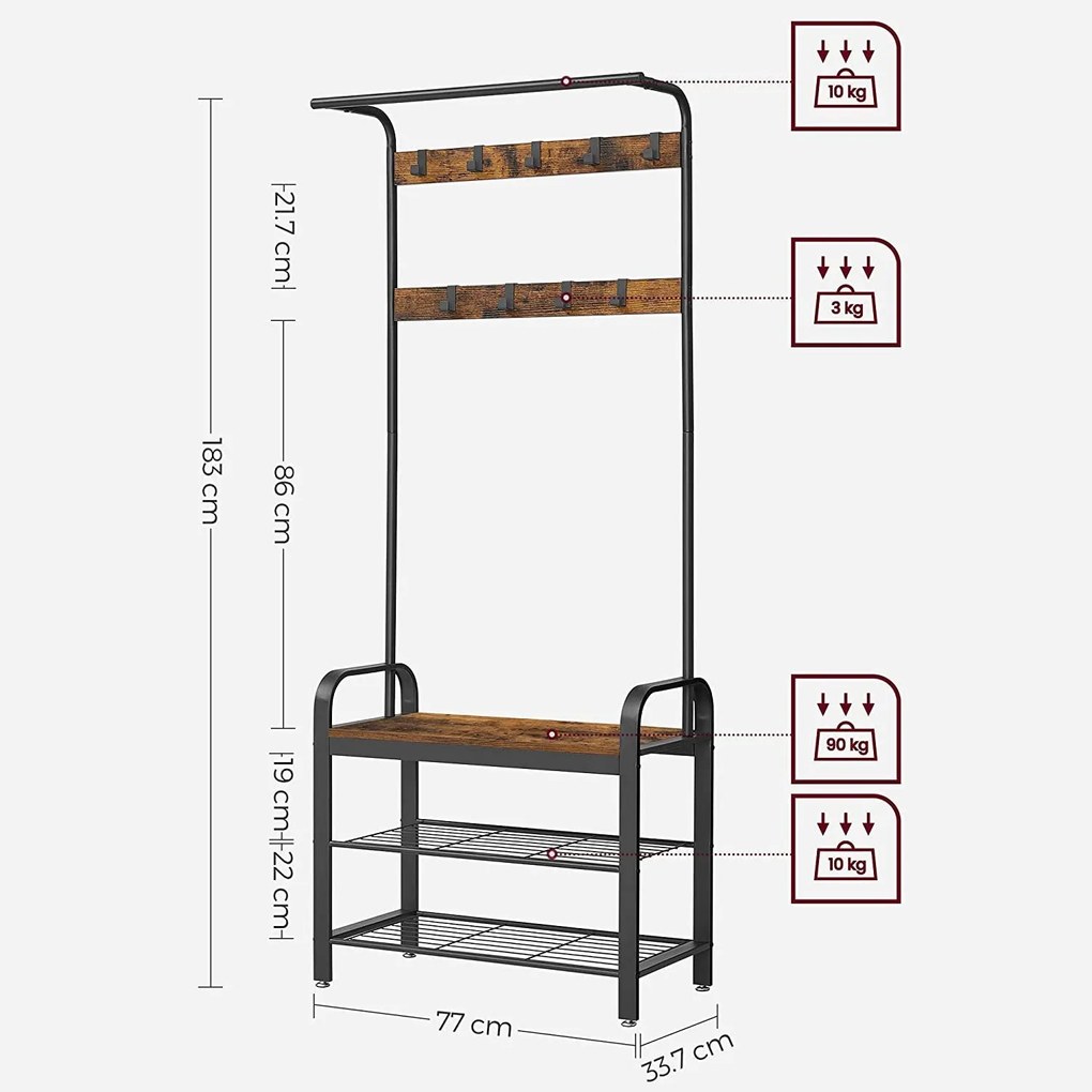 Stojan na kabáty s 9 háčikmi a botníkom, predsieňová stena, rustikálna hnedá