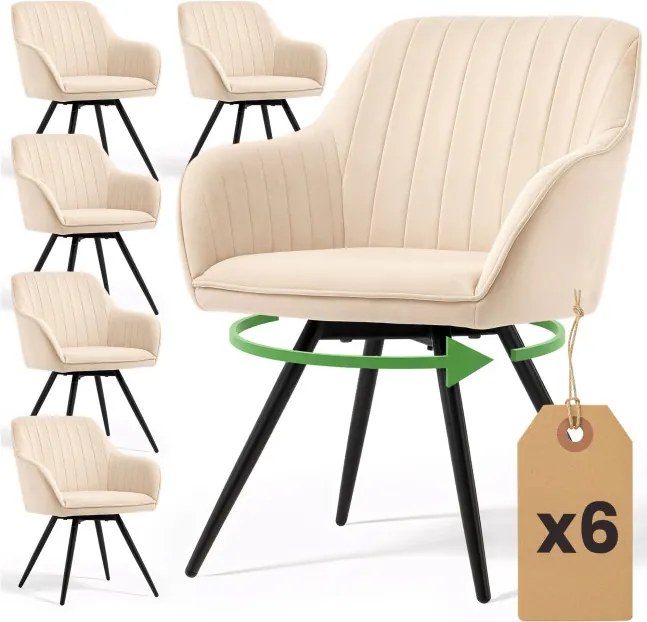 Sada šiestich otočných jedálenských stoličiek TURNO zamatové, béžové / čierne nohy (6 ks)