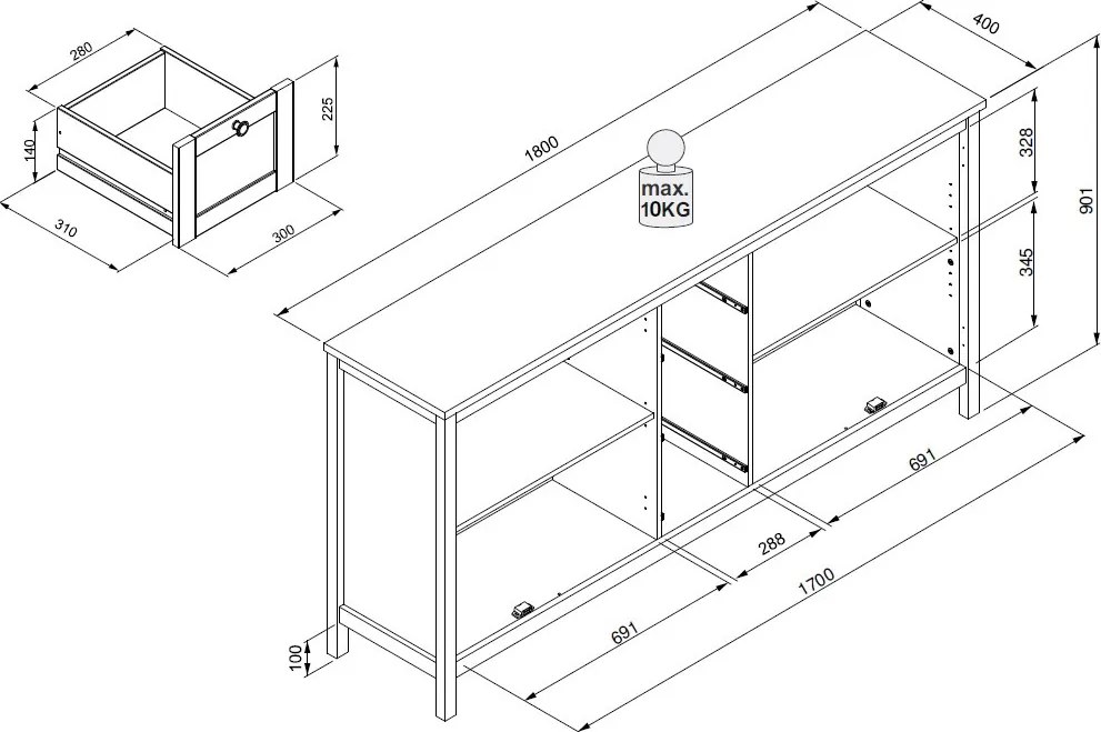 Široká úložná komoda Bergen, biela/dub artisan
