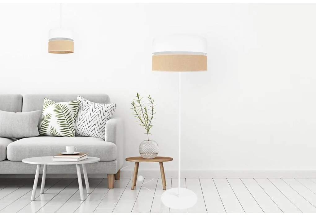 Stojacia lampa Juta, 1x jutové/biele textilné tienidlo, o, w