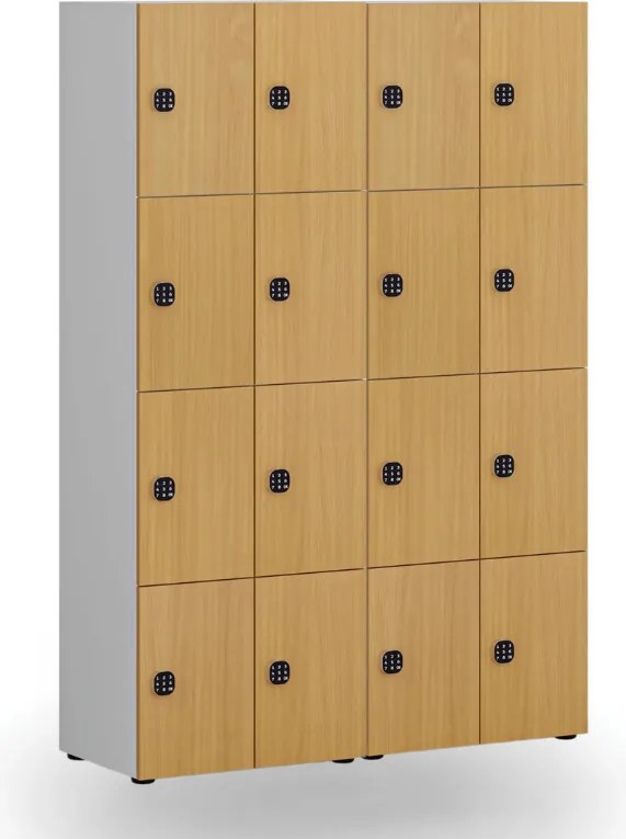 Drevená šatníková skrinka S4 s úložnými boxmi, 8 boxov, demont, kódový zámok, sivá/orech