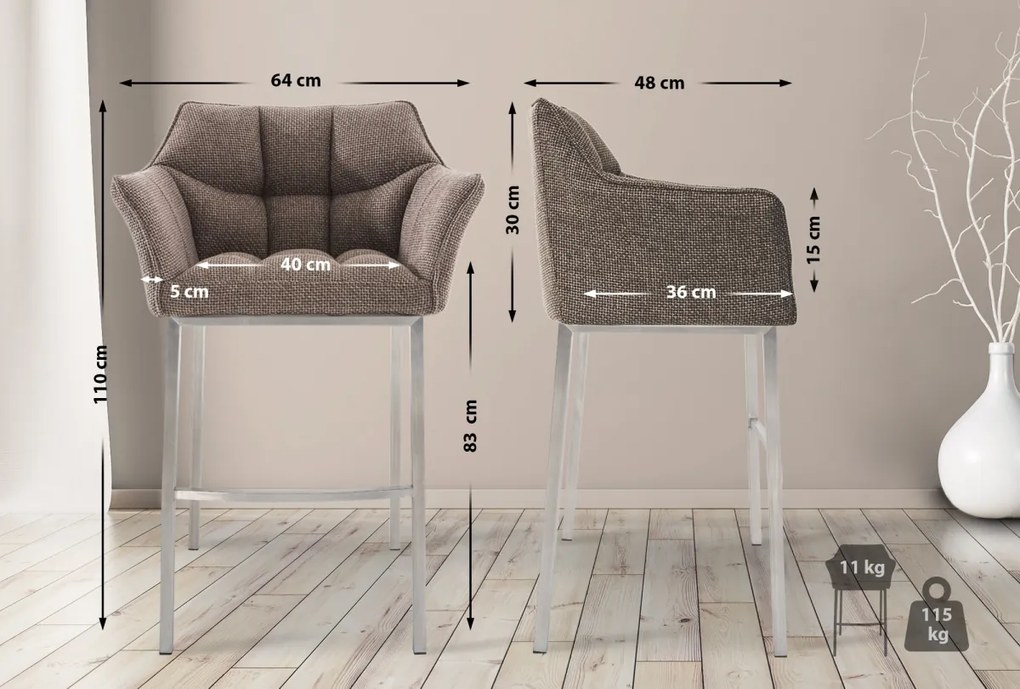 Barová stolička Damas E4 - látka, nerezový rám - Sivo-hnedá (Taupe)