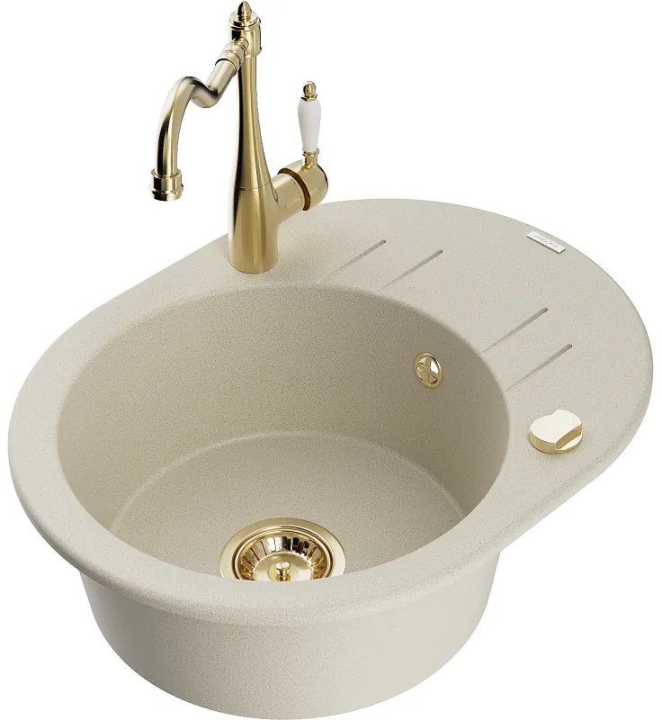 Mexen Kevin, drez granitový 586x458x190 mm, 1-komorový a drezová batéria Carla, béžová, 6517-69-670700-50