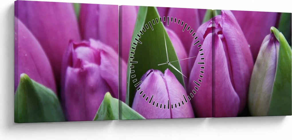 Obraz - kvety tulipánov (s hodinami) (90x30 cm)