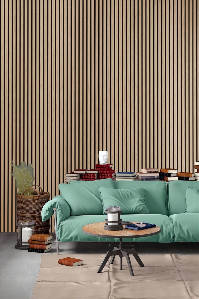 Drevený akustický panel, 2400 x 600 mm, balenie 5 ks, dub morený