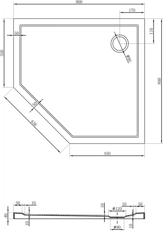 Mexen Flow Slim, pravostranná päťuholníková sprchová vanička 90 x 80 cm, biela lesklá, 46P108090R